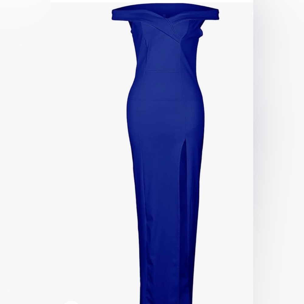 Blue off the shoulder side slit maxi dress. No zipper.
